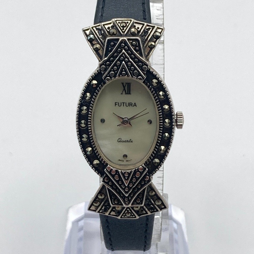 Vtg Futura Womens Marcasite Watch 22mm Silver Tone MOP Dial Oval New Battery 8"